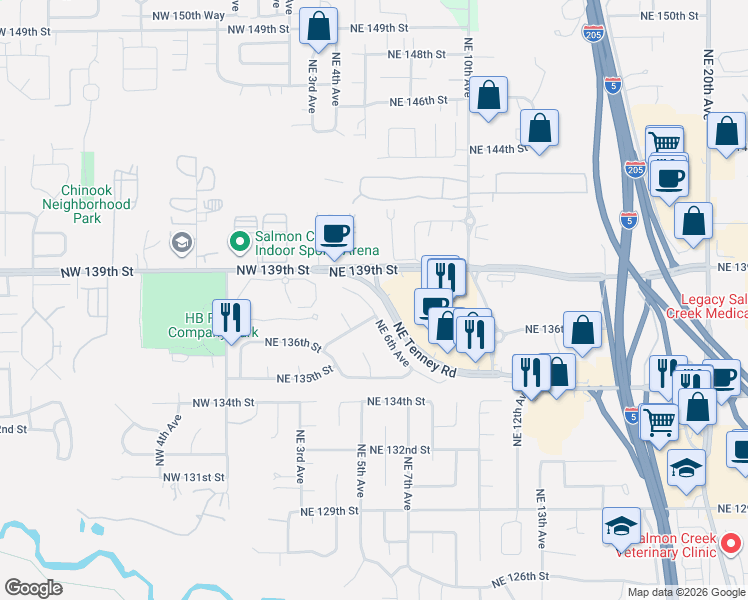 map of restaurants, bars, coffee shops, grocery stores, and more near 892 Northeast Tenney Road in Vancouver