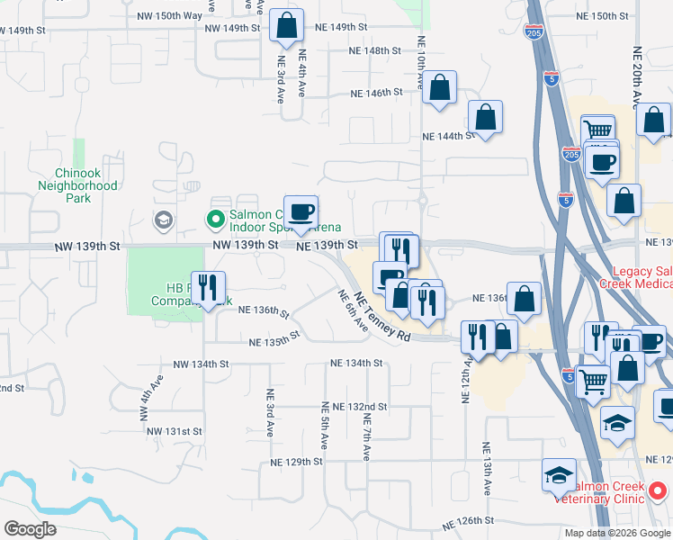 map of restaurants, bars, coffee shops, grocery stores, and more near 892 Northeast Tenney Road in Vancouver