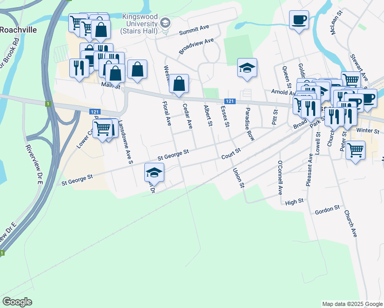 map of restaurants, bars, coffee shops, grocery stores, and more near 172 Saint George Street in Sussex