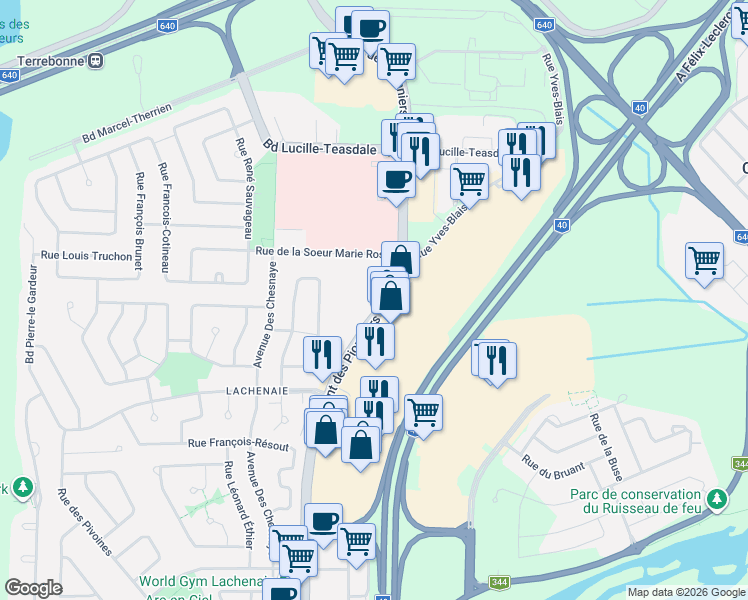 map of restaurants, bars, coffee shops, grocery stores, and more near 709 Montée des Pionniers in Terrebonne