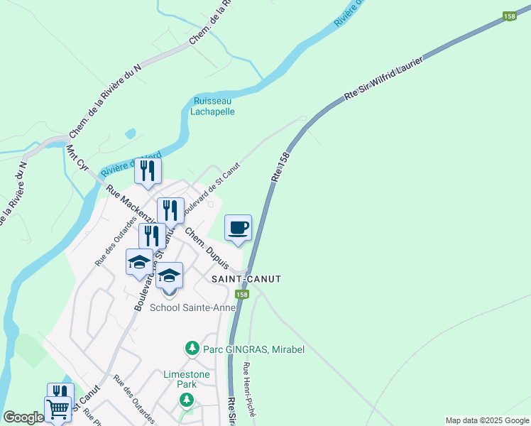map of restaurants, bars, coffee shops, grocery stores, and more near Route Sir Wilfrid Laurier in Mirabel
