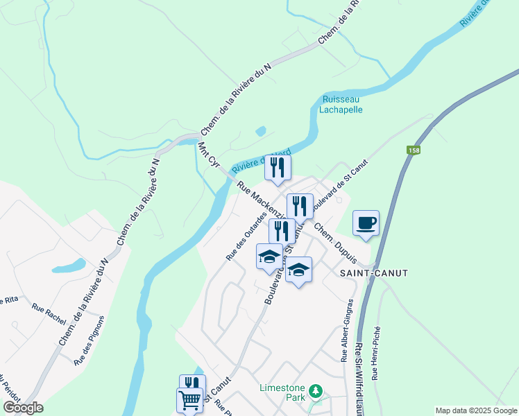 map of restaurants, bars, coffee shops, grocery stores, and more near 15032 Rue Mackenzie in Mirabel