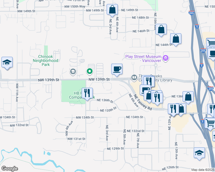 map of restaurants, bars, coffee shops, grocery stores, and more near 13717 Northwest 2nd Avenue in Vancouver