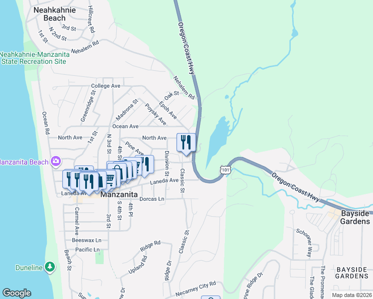 map of restaurants, bars, coffee shops, grocery stores, and more near 425 County Road in Manzanita