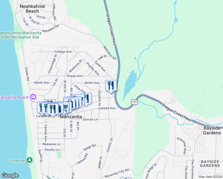 map of restaurants, bars, coffee shops, grocery stores, and more near 425 County Road in Manzanita