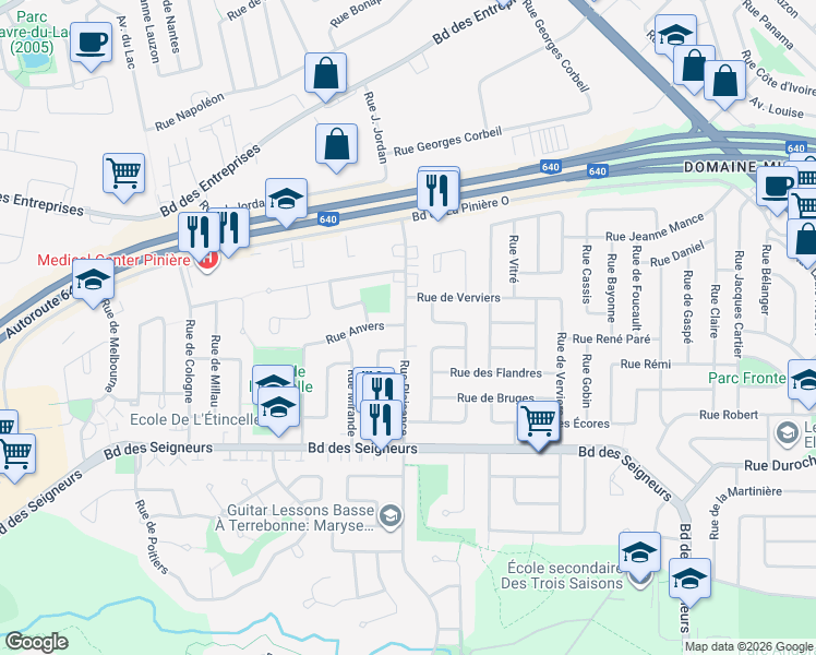 map of restaurants, bars, coffee shops, grocery stores, and more near 1941 Rue de Plaisance in Terrebonne