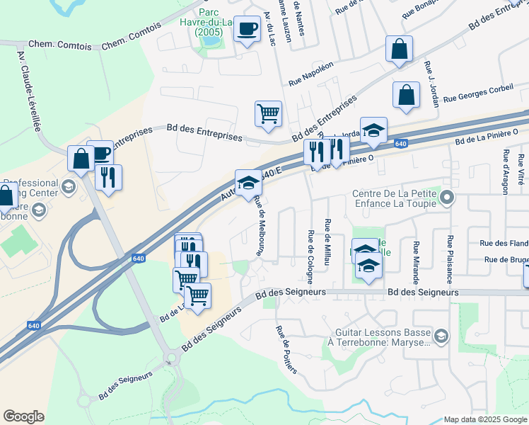 map of restaurants, bars, coffee shops, grocery stores, and more near 1915 Rue de Melbourne in Terrebonne
