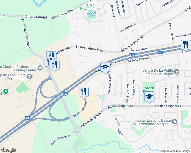 map of restaurants, bars, coffee shops, grocery stores, and more near 2905 Boulevard de la Pinière in Terrebonne
