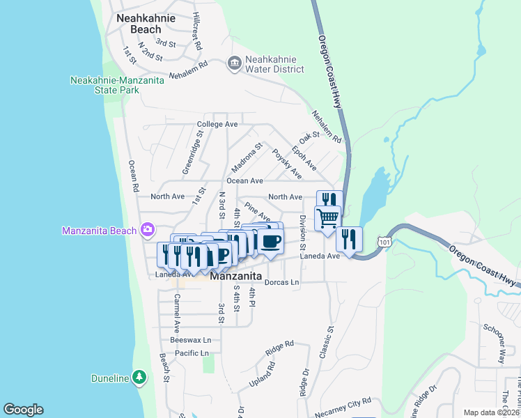 map of restaurants, bars, coffee shops, grocery stores, and more near 454 Fir Avenue in Manzanita