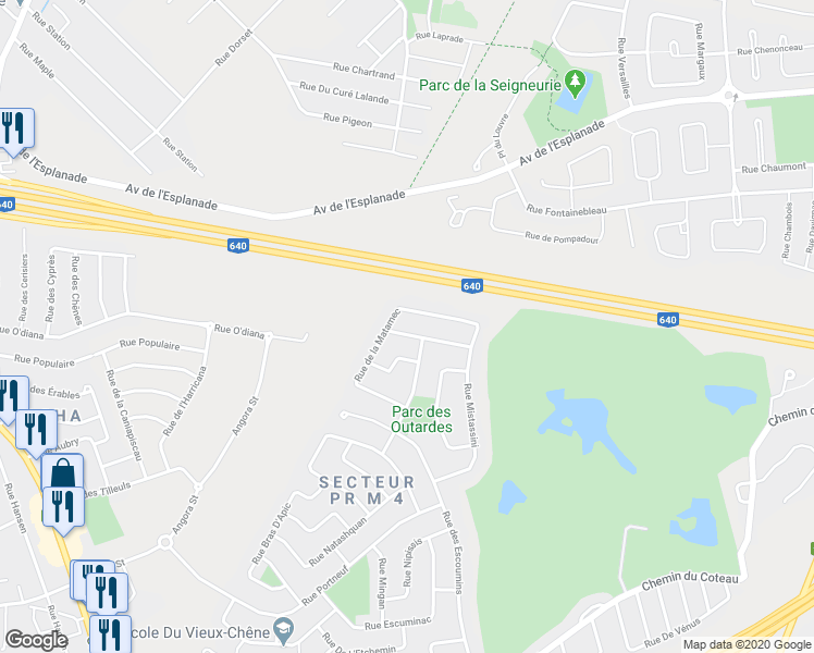 map of restaurants, bars, coffee shops, grocery stores, and more near 107 Rue de la Manitou in Terrebonne