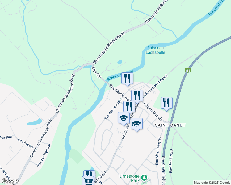 map of restaurants, bars, coffee shops, grocery stores, and more near 15052 Rue Mackenzie in Mirabel