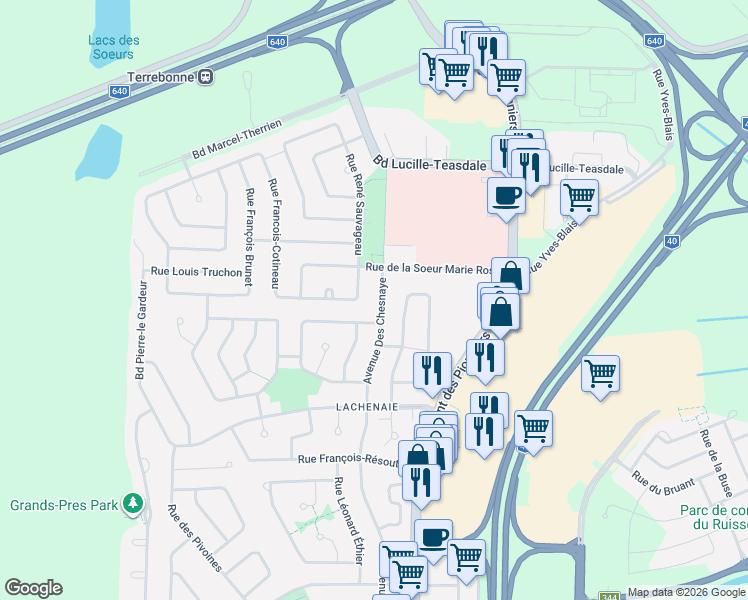 map of restaurants, bars, coffee shops, grocery stores, and more near 648 Rue de la Chesnaye in Terrebonne