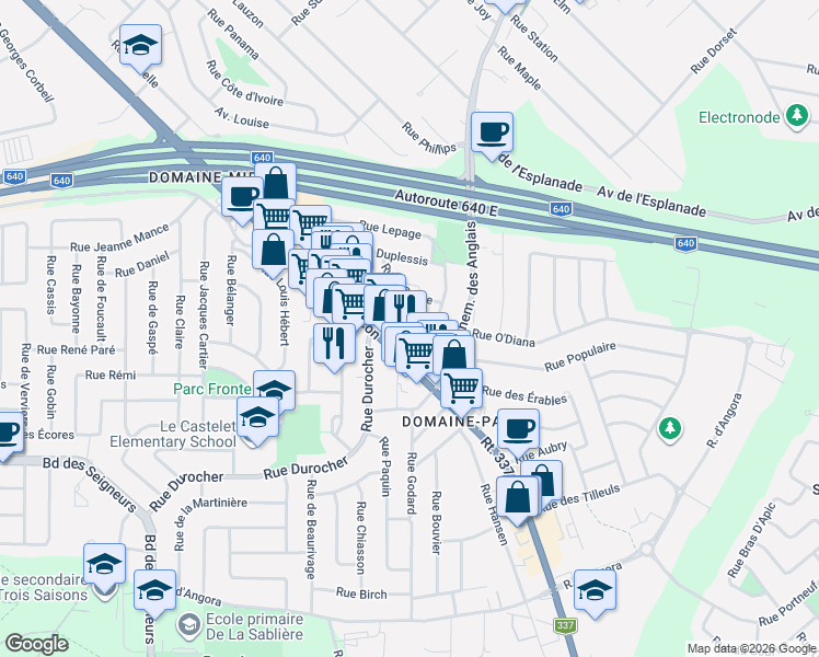 map of restaurants, bars, coffee shops, grocery stores, and more near 1271 Rue O'diana in Terrebonne