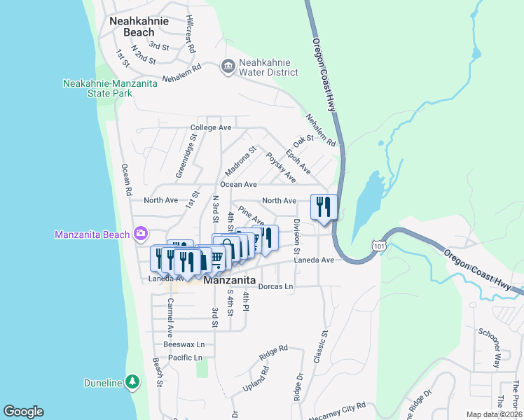 map of restaurants, bars, coffee shops, grocery stores, and more near 454 Fir Avenue in Manzanita