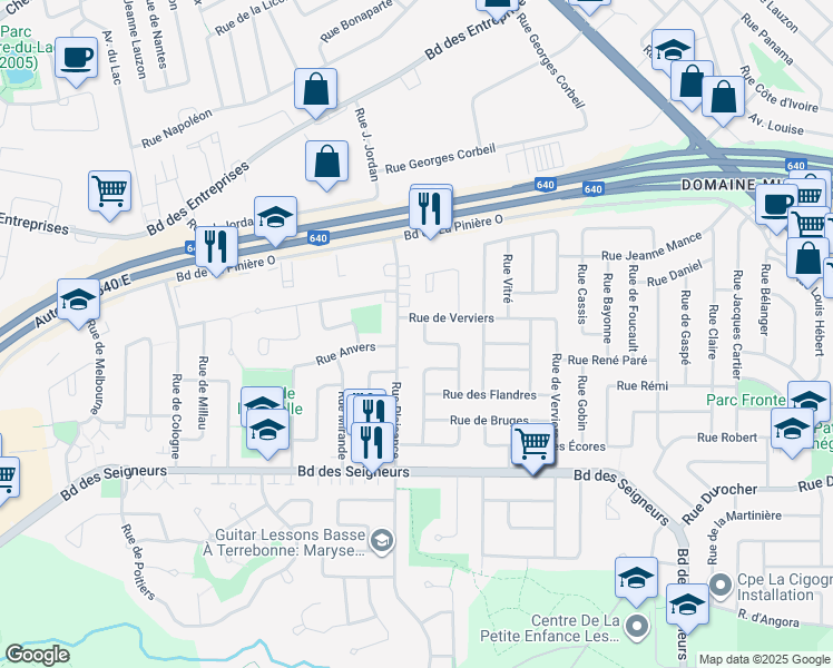 map of restaurants, bars, coffee shops, grocery stores, and more near 1928 Rue de la Gironde in Terrebonne
