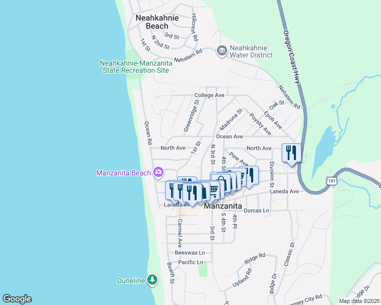 map of restaurants, bars, coffee shops, grocery stores, and more near 511 1st Street in Manzanita