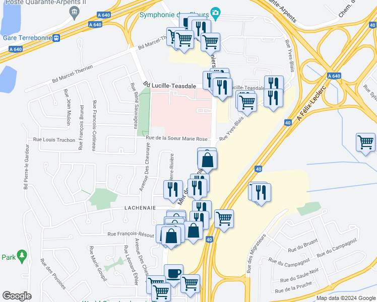map of restaurants, bars, coffee shops, grocery stores, and more near 810 Rue de la Soeur Marie Rose in Terrebonne