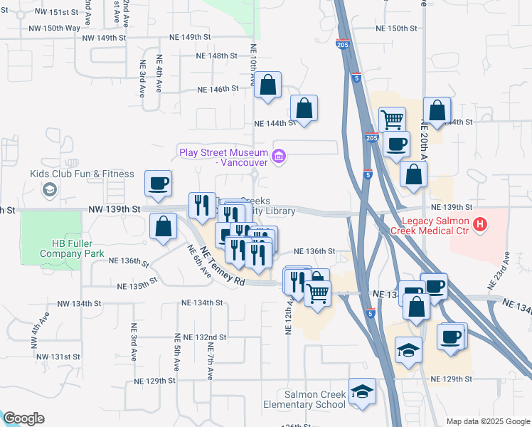 map of restaurants, bars, coffee shops, grocery stores, and more near 1015 Northeast 139th Street in Vancouver