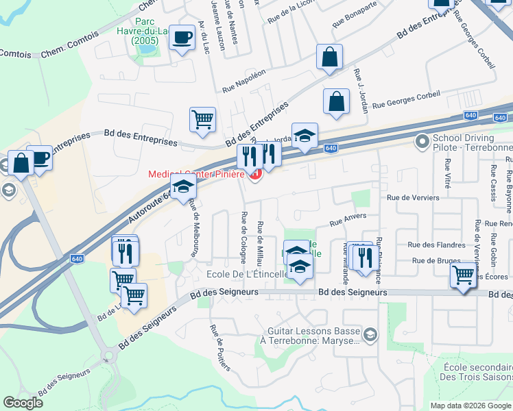 map of restaurants, bars, coffee shops, grocery stores, and more near 1906 Rue de Millau in Terrebonne