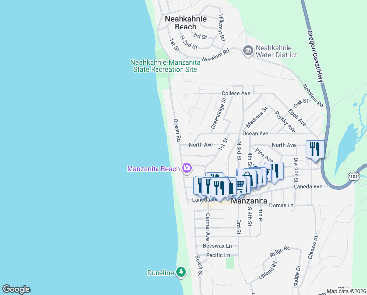 map of restaurants, bars, coffee shops, grocery stores, and more near North Ridge Drive in Bay City