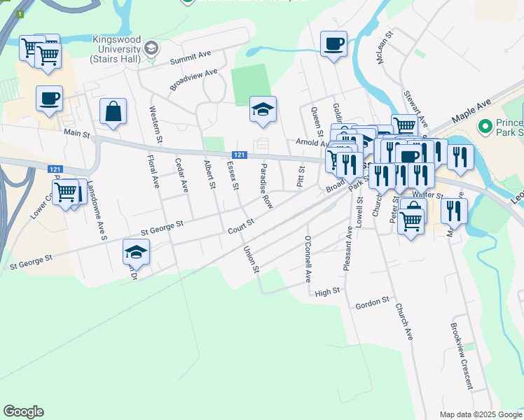 map of restaurants, bars, coffee shops, grocery stores, and more near 47 Court Street in Sussex