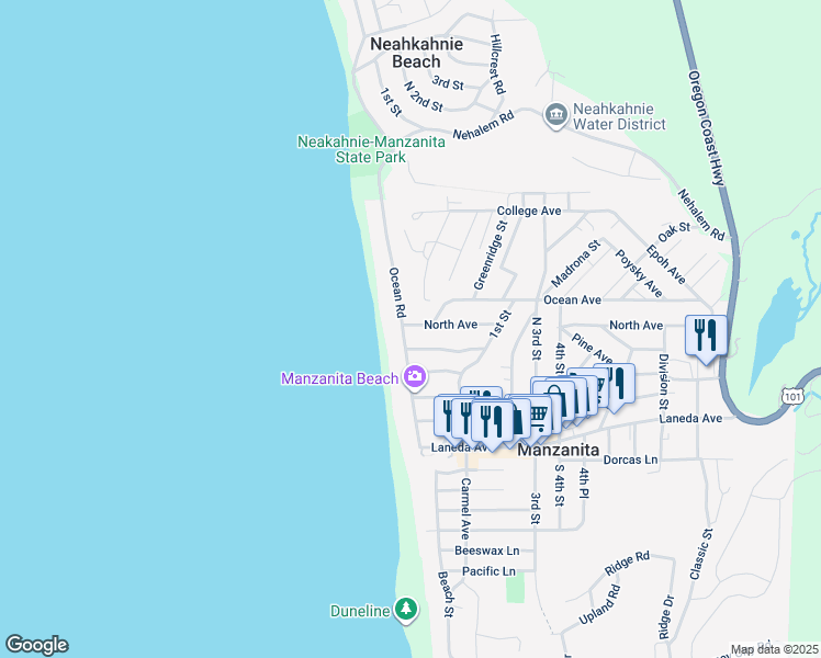 map of restaurants, bars, coffee shops, grocery stores, and more near 580 Ocean Road in Manzanita