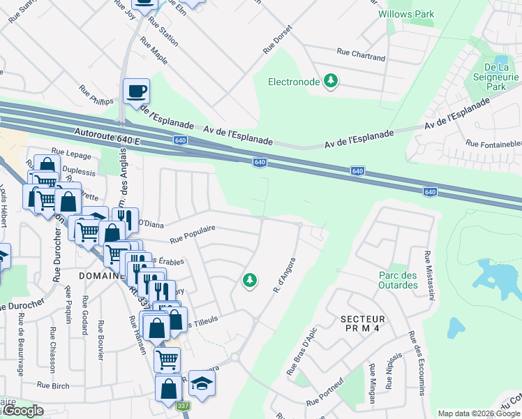 map of restaurants, bars, coffee shops, grocery stores, and more near 1324 Rue de l'Harricana in Terrebonne