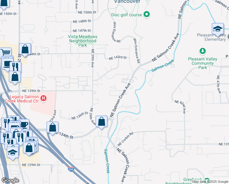 map of restaurants, bars, coffee shops, grocery stores, and more near 13816 Northeast Salmon Creek Avenue in Vancouver