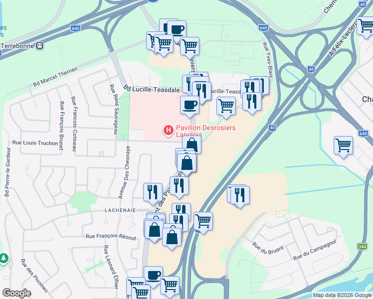 map of restaurants, bars, coffee shops, grocery stores, and more near 830 Rue de la Soeur Marie Rose in Terrebonne