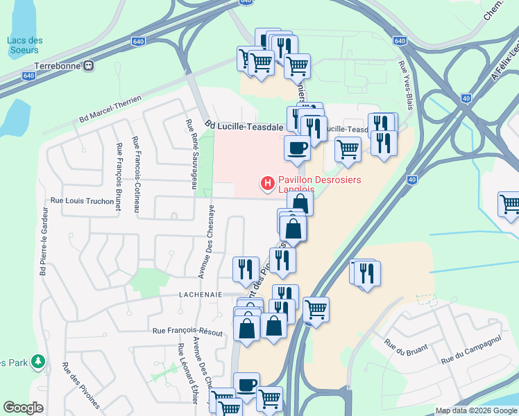 map of restaurants, bars, coffee shops, grocery stores, and more near 802 Rue de la Soeur Marie Rose in Terrebonne