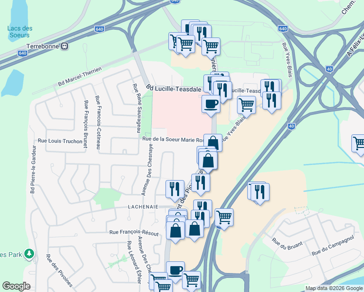 map of restaurants, bars, coffee shops, grocery stores, and more near 800 Rue de la Soeur Marie Rose in Terrebonne