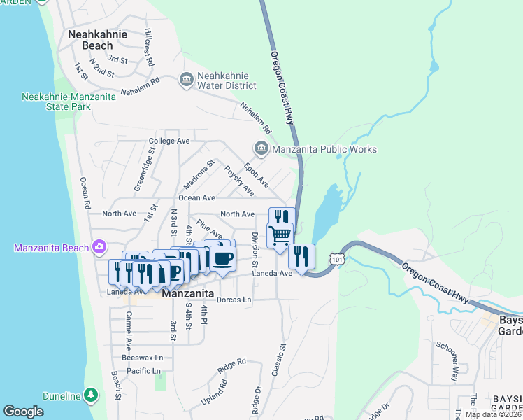 map of restaurants, bars, coffee shops, grocery stores, and more near 625 North Avenue in Manzanita