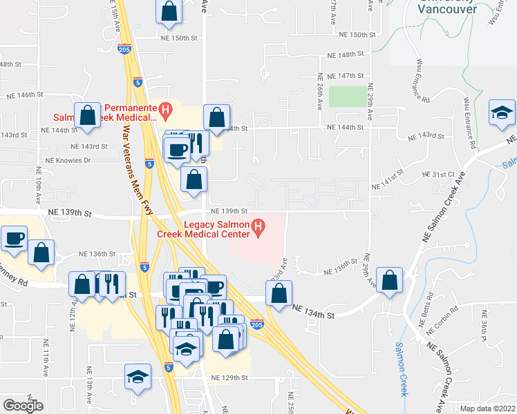 map of restaurants, bars, coffee shops, grocery stores, and more near 2301 Northeast 139th Circle in Vancouver