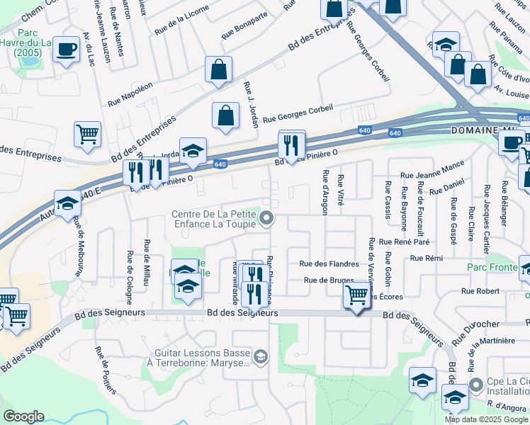 map of restaurants, bars, coffee shops, grocery stores, and more near 1946 Rue de Plaisance in Terrebonne