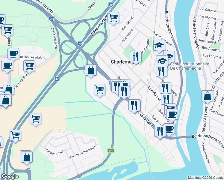 map of restaurants, bars, coffee shops, grocery stores, and more near 90 Rue Émile-Despins in Charlemagne