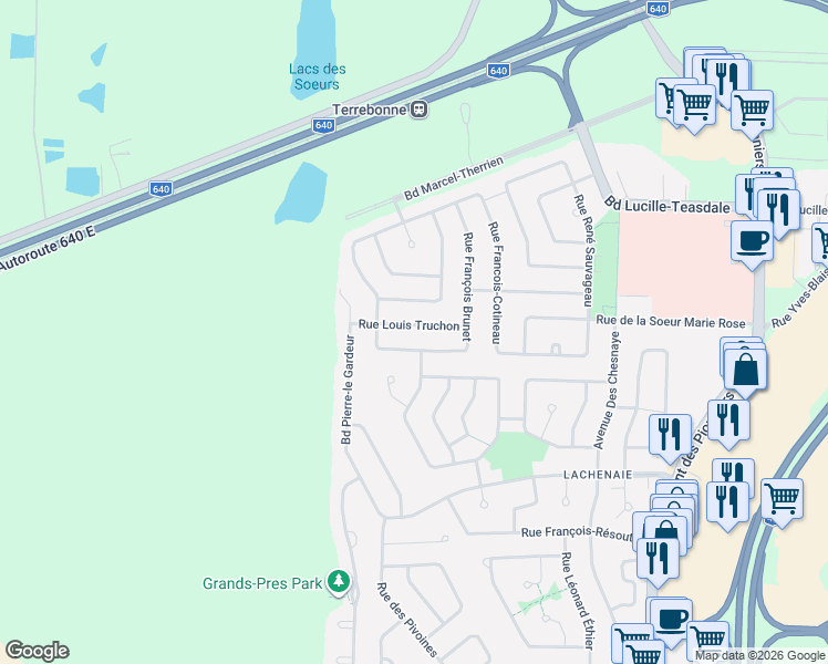 map of restaurants, bars, coffee shops, grocery stores, and more near 324 Rue Louis Truchon in Terrebonne