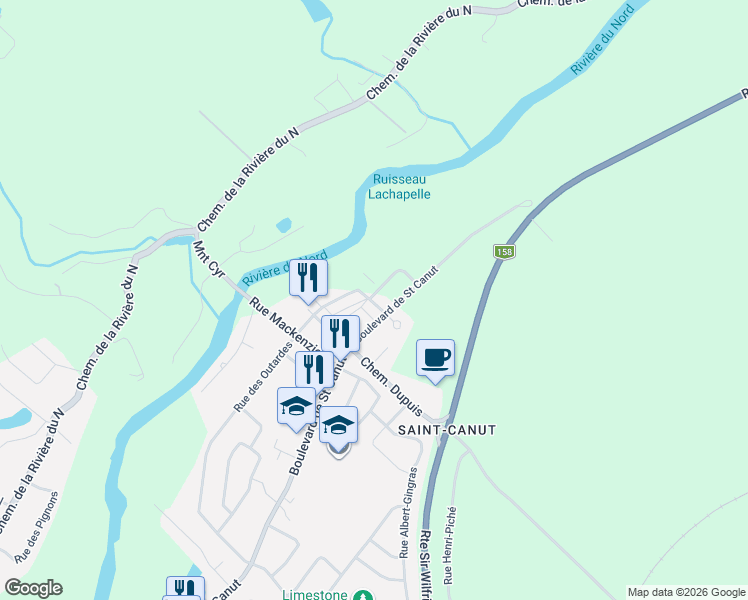 map of restaurants, bars, coffee shops, grocery stores, and more near 15205 Rue du Faucon in Mirabel