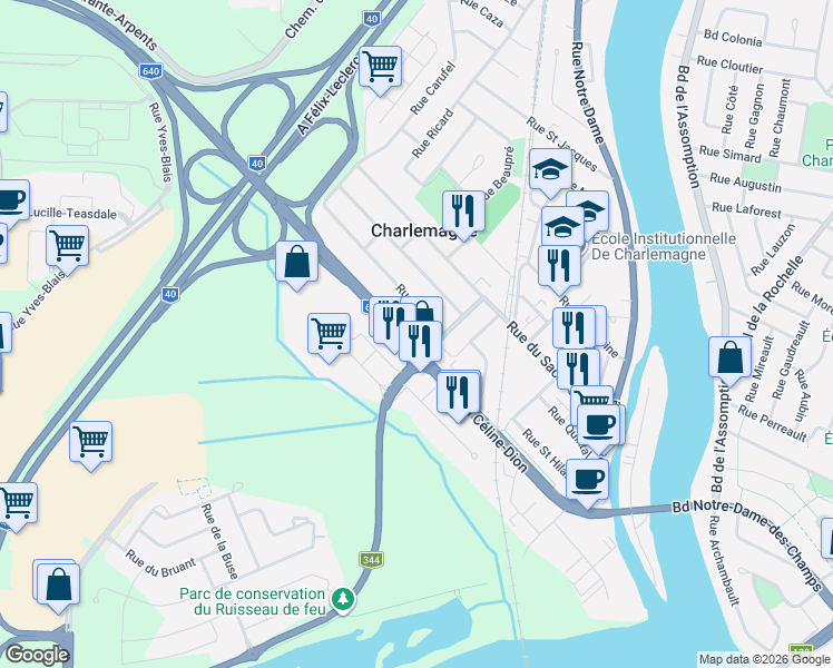 map of restaurants, bars, coffee shops, grocery stores, and more near 123 Rue Lafontaine in Charlemagne