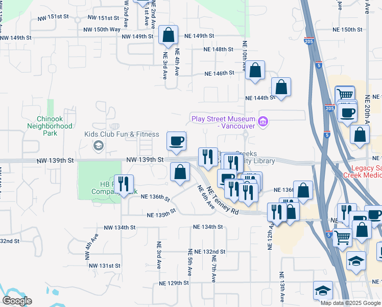 map of restaurants, bars, coffee shops, grocery stores, and more near 892 Northeast Tenney Road in Vancouver