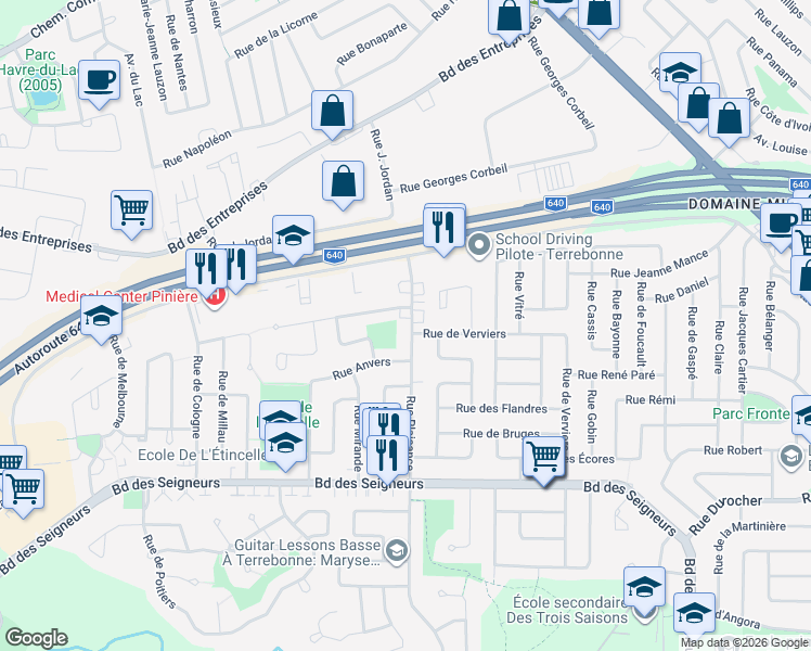 map of restaurants, bars, coffee shops, grocery stores, and more near 1946 Rue de Plaisance in Terrebonne