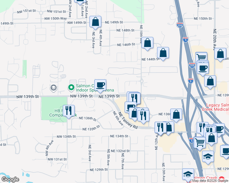 map of restaurants, bars, coffee shops, grocery stores, and more near 13920 Northeast 7th Court in Vancouver