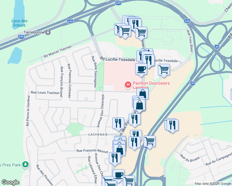 map of restaurants, bars, coffee shops, grocery stores, and more near 768 Rue de la Soeur Marie Rose in Terrebonne