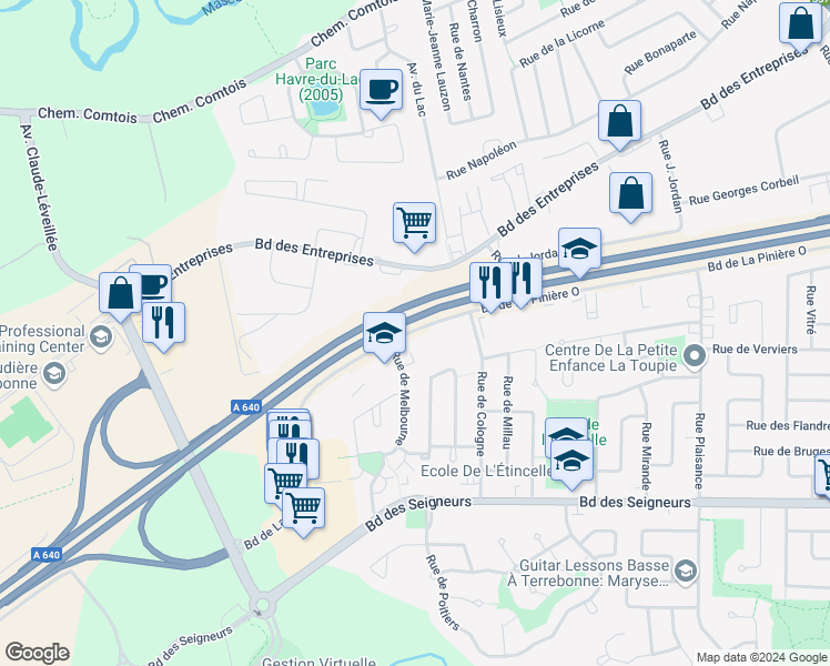 map of restaurants, bars, coffee shops, grocery stores, and more near 2993 Boulevard de la Pinière in Terrebonne