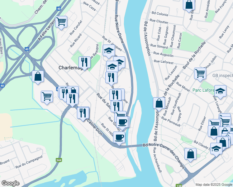 map of restaurants, bars, coffee shops, grocery stores, and more near in Charlemagne