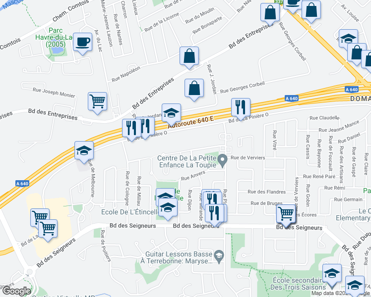 map of restaurants, bars, coffee shops, grocery stores, and more near 3449 Rue de Montbrisson in Terrebonne