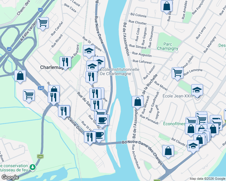 map of restaurants, bars, coffee shops, grocery stores, and more near 236 Rue Notre Dame in Charlemagne
