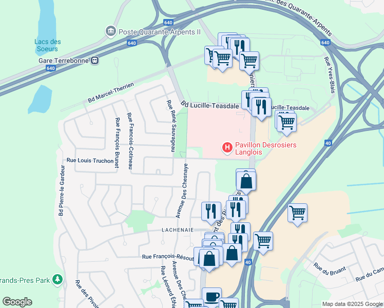 map of restaurants, bars, coffee shops, grocery stores, and more near 737 Rue de la Soeur Marie Rose in Terrebonne