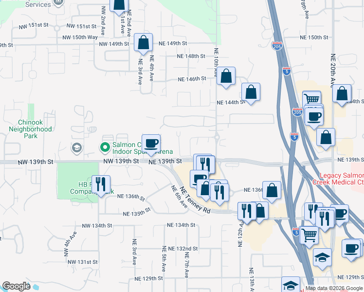 map of restaurants, bars, coffee shops, grocery stores, and more near 14003 Northeast 7th Court in Vancouver