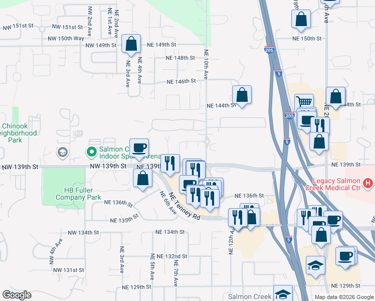 map of restaurants, bars, coffee shops, grocery stores, and more near 801 Northeast 141st Street in Vancouver