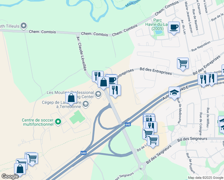 map of restaurants, bars, coffee shops, grocery stores, and more near 2795 Avenue Claude-Léveillée in Terrebonne